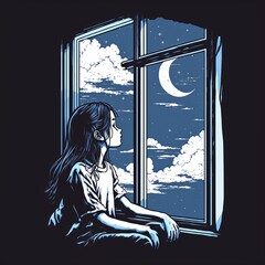 illustration of girl sitting and looking at the sky from the window Generative AI