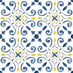 Watercolor abstract seamless pattern consisting of blue and yellow Mediterranean tiles and elements. Hand painted illustration isolation on white background for design, print or background.