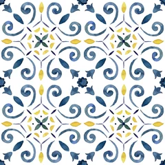Keuken foto achterwand Portugese tegeltjes Watercolor abstract seamless pattern consisting of blue and yellow Mediterranean tiles and elements. Hand painted illustration isolation on white background for design, print or background.