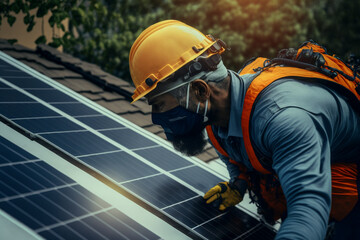 Fototapeta premium installing PV panels on the roof, Generative AI