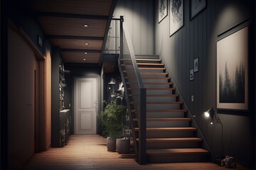 Scandinavian interior style staircase with hallway at night