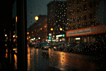 Raindrops on the window, night city traffic background. AI