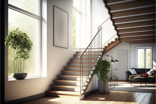 Scandinavian interior style staircase with big windows