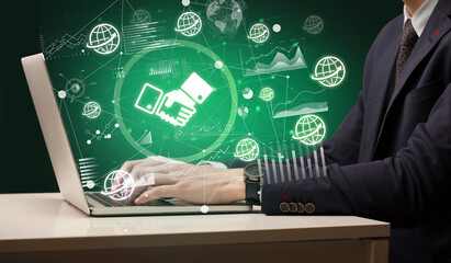 Business hand working on laptop, successful business concept