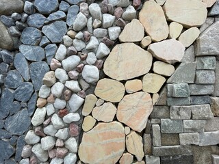 Stone walkway paved with gravel and granite, both round and square. which have various colors