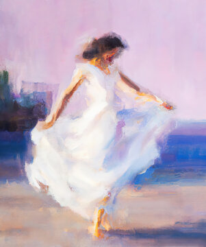 A silhouette young woman in a white dress dancing. Painting