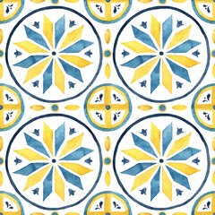 Watercolor abstract seamless pattern consisting of yellow and blue Mediterranean tiles and elements. Hand painted traditional illustration isolation on white background for design, print, background.