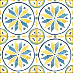 Wall murals Portugal ceramic tiles Watercolor abstract seamless pattern consisting of yellow and blue Mediterranean tiles and elements. Hand painted traditional illustration isolation on white background for design, print, background.
