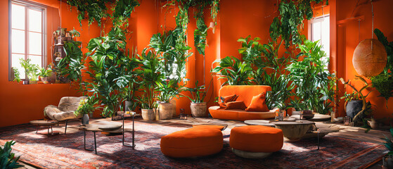Fototapeta na wymiar A vibrant bohemian-inspired living room with plants and bold orange accents and a cozy, lived-in feel. Generative AI