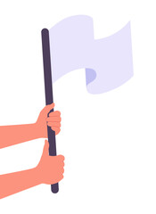 Two hands holding white flag symbol of surrender vector illustration