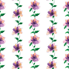 Hand drawn watercolor floral seamless pattern. Purple with orange flowers. Green leaves. Fabric pattern. Spring. Summer. Home textiles. Bed sheets.
