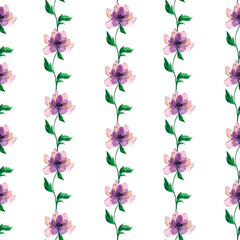 Hand drawn watercolor floral seamless pattern. Purple with orange flowers. Green leaves. Fabric pattern. Spring. Summer. Home textiles. Bed sheets.