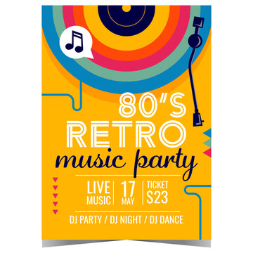 80's retro music party poster, banner or invitation card with retro colored vinyl record player on yellow background. Eighties party, disco dance show or concert promotion illustration in flat style.