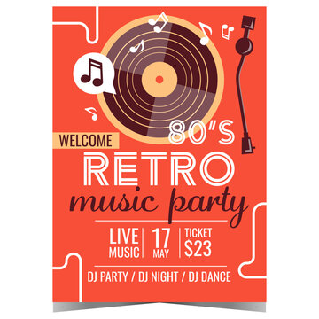 Retro Music Eighties Party Invitation Poster. Vector Design Template Of Flyer Or Banner With Vinyl Record Player For 80's Retro Party, Disco Dance Night, Concert Or Sow Promotion.