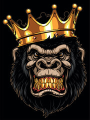 Vector illustration, a gorilla in a crown with gold teeth smirks and laughs