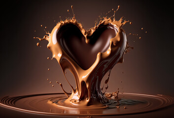 Fototapeta na wymiar Chocolate heart splash. Liquid chocolate in the shape of a love heart. Generative ai
