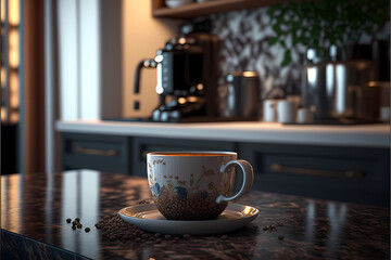 Cup of coffee in an elegant kitchen - obrazy, fototapety, plakaty