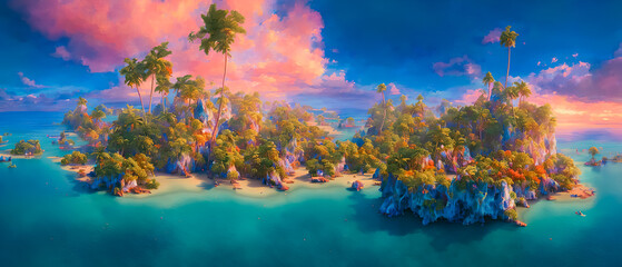 Obraz na płótnie Canvas Striking painting of small islands in the vast ocean amidst a stunning blue archipelago, showcasing a majestic view. Generative AI