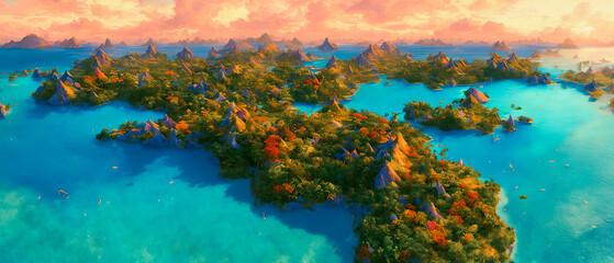 Fototapeta na wymiar Striking painting of small islands in the vast ocean amidst a stunning blue archipelago, showcasing a majestic view. Generative AI