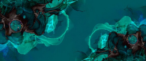 Watercolor abstract background made with alcohol ink technique, varying degrees of brilliant turquoise green ornaments on dark greenblau backdrop 