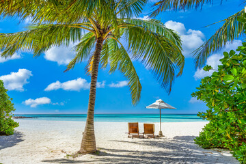 Amazing beach. Couple chairs on sandy beach sea. Luxury summer holiday vacation resort, travel...