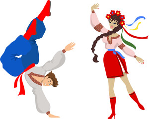 Ukrainian national dance hopak. A girl and a guy are dancing a dance in national Ukrainian costumes.