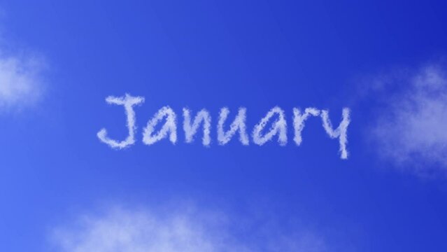January Month Text or Word with Cloud Effect Symbol Animation on Blue Sky