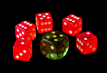 red and green translucent plastic dice with white dots. playing and gambling concept. casino and winning money. isolated cubes with black background. vibrant colors. roll the dice theme. risk taking 