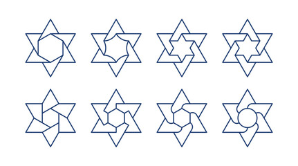 Bundle of Jewish stars of David twisted in the center into a hexagon and a six-pointed star vector illustration with editable stroke
