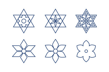 Set of six-pointed Jewish stars shaped like flowers vector illustration with editable stroke