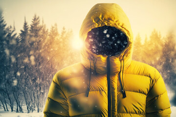 Close-up at human is wearing yellow down jacket to protect cold weather, clothing outfit for travel in winter weather concept. Generative Ai image.	
