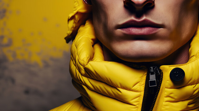 Close-up at human is wearing yellow down jacket to protect cold weather, clothing outfit for travel in winter weather concept. Generative Ai image.