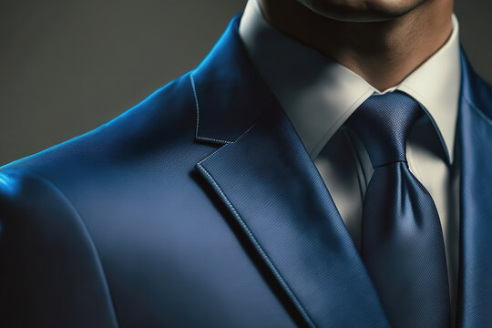 Close-up at a gentleman in ocean blue formal business suit, the manager or businessman costume style. Generative Ai image.