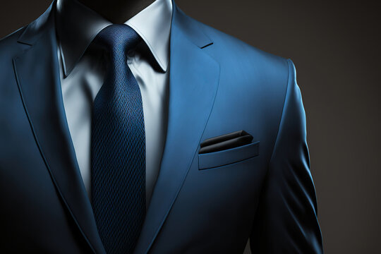 Close-up at a gentleman in ocean blue formal business suit, the manager or businessman costume style. Generative Ai image.