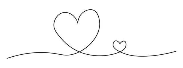 One Continuous line drawing of two hearts. Romantic symbols in simple linear style. Minimalist Doodle.isolated on white background. Vector illustration