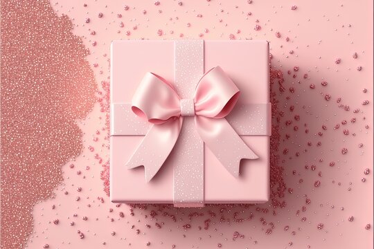 Top view photo of st valentine's day decorations white gift box with bow pink curly ribbon and sequins on isolated pastel pink Generative AI