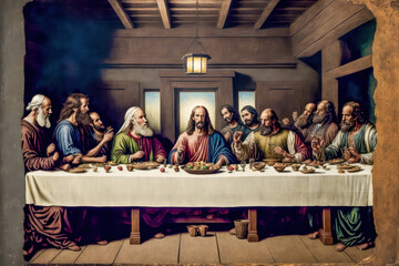 Letztes Abendmahl Jesus Christus Jünger Verrat Abstrakte Illustration Digital Art Hintergrund Background Cover Generative AI Grafik Design