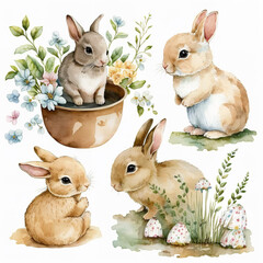 watercolor clipart of little bunnie Generative AI