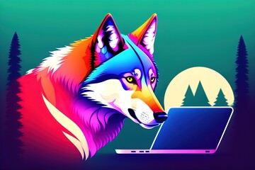 WOlf with A laptop giving a look of technology in vibrant Colors generative ai