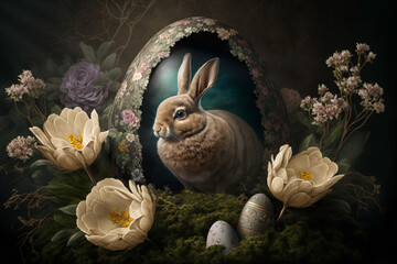 Fototapeta na wymiar Easter bunny with Easter eggs, created with Generative AI.
