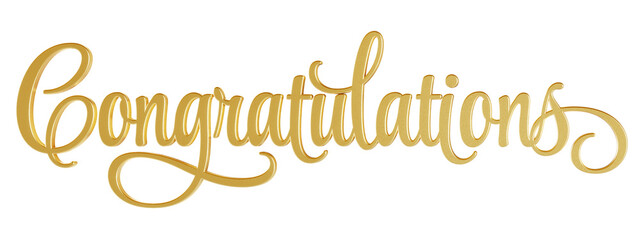 ‘Congratulations’ isolated 3D text in golden script font on transparent background