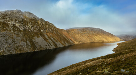Ben Crom Reservoir in the misty Mourne Mountains, County Down, Northern Ireland