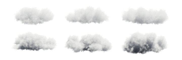 Set of fluffy clouds isolated on transparent background. 3D rendering