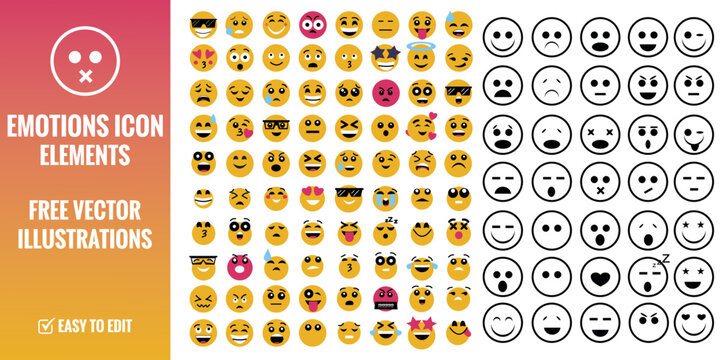 Mega collection of emoticon icons. Cartoon emoji set. Vector emoticon set, outline or line art Emoji set - Vector illustration.