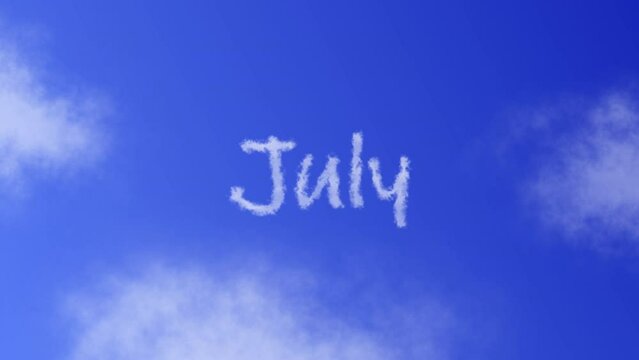 July Month Text or Word with Cloud Effect Symbol Animation on Blue Sky