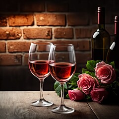 Two wine glasses of rose wine on brick background, bouquet of red roses for romantic evening for Valentines day surprise, marriage proposal passion and love celebration Generative AI