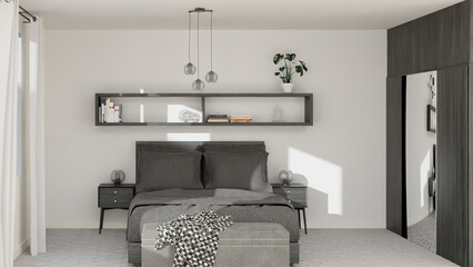 Bedroom in grey colours 3D rendering, minimalistic, Scandinavian