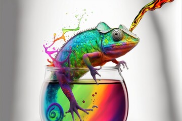 Green colored chameleon. Liquid colorful chameleon. Colorful iguana in a glass with liquid. Colorful chameleon in a glass with liquid! 
