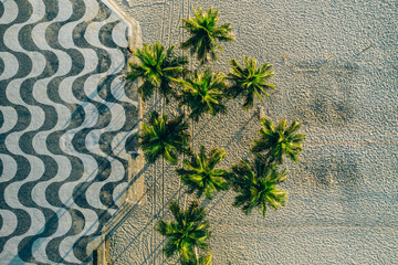 Top View of Copacabana beach with mosaic of sidewalk in Rio de Janeiro. Brazil