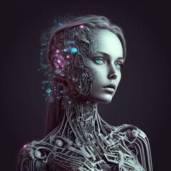 A humanoid cyber girl with a artificial intelligence brain. AI generated.